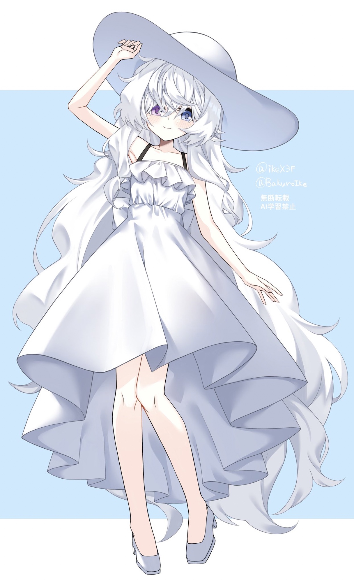 original, highres, 1girl, armpits, blue eyes, blush, blush stickers, breasts, closed mouth, dress, eyebrows hidden by hair, full body, hair between eyes, hair over eyes, hat, heterochromia, ikex3f, knees together feet apart, large hat, long hair, looking at viewer, purple eyes, shoes, small breasts, smile, solo, very long hair, white dress, white hair, white hat, white shoes