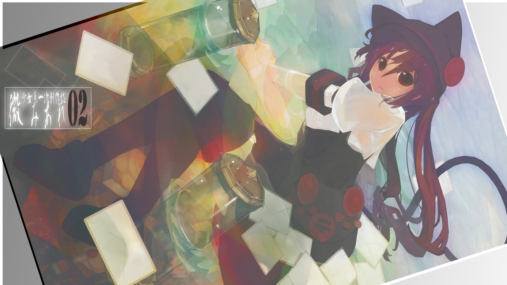 shirohanamame taichou, original, bad id, bad pixiv id, highres, 1girl, animal ears, bottle, brown eyes, brown hair, cat ears, cat girl, cat tail, dutch angle, female focus, skirt, solo, tail, thighhighs, zettai ryouiki