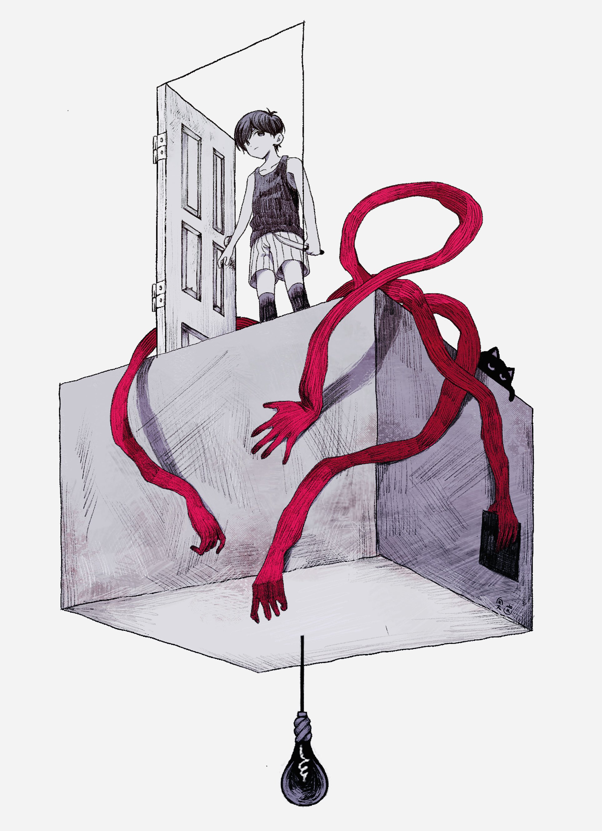 o oquo, mewo, omori (omori), omori, absurdres, commentary request, highres, 1boy, antenna hair, black eyes, black hair, black socks, black tank top, cat, closed mouth, collarbone, door, expressionless, grey background, holding, holding knife, kneehighs, knife, light bulb, looking at viewer, male focus, open door, short hair, shorts, simple background, socks, solo, standing, striped clothes, striped shorts, tank top, vertical-striped clothes, vertical-striped shorts, white shorts