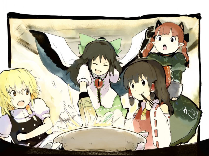 sergei (pattundo), hakurei reimu, kaenbyou rin, kirisame marisa, reiuji utsuho, touhou, 4girls, animal ears, blonde hair, bow, braid, brown hair, cat ears, cat girl, detached sleeves, female focus, hair ribbon, indoors, japanese clothes, long hair, miko, multiple girls, red hair, ribbon, short hair, skirt, twin braids, twintails, wings, yellow eyes