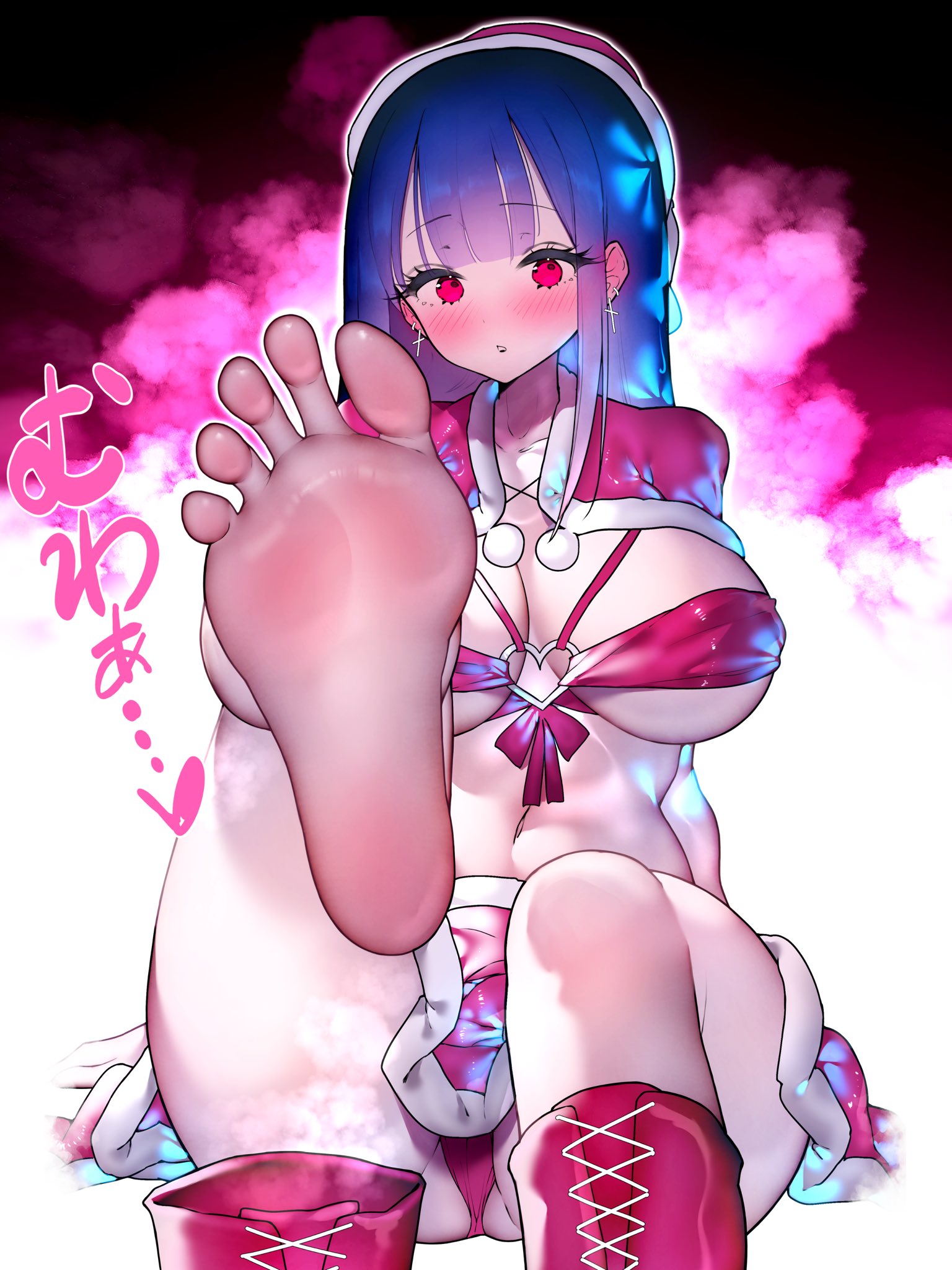 w (w64851564), highres, 1girl, barefoot, blue hair, blush, boots, feet, hat, long hair, looking at viewer, panties, pantyshot, parted lips, red eyes, santa costume, santa hat, shoes, soles, steam, toes, underwear, unworn boots, unworn shoes