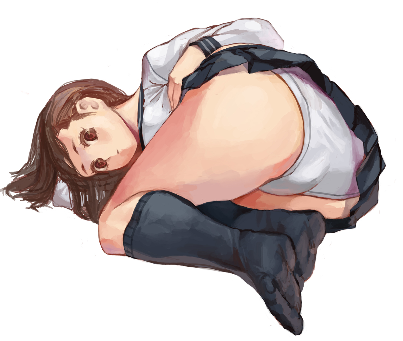 salamander (jonbonjovi82), original, 1girl, ass, black socks, brown eyes, brown hair, feet, female focus, kneehighs, panties, pantyshot, school uniform, serafuku, socks, soles, solo, underwear, upskirt, white panties