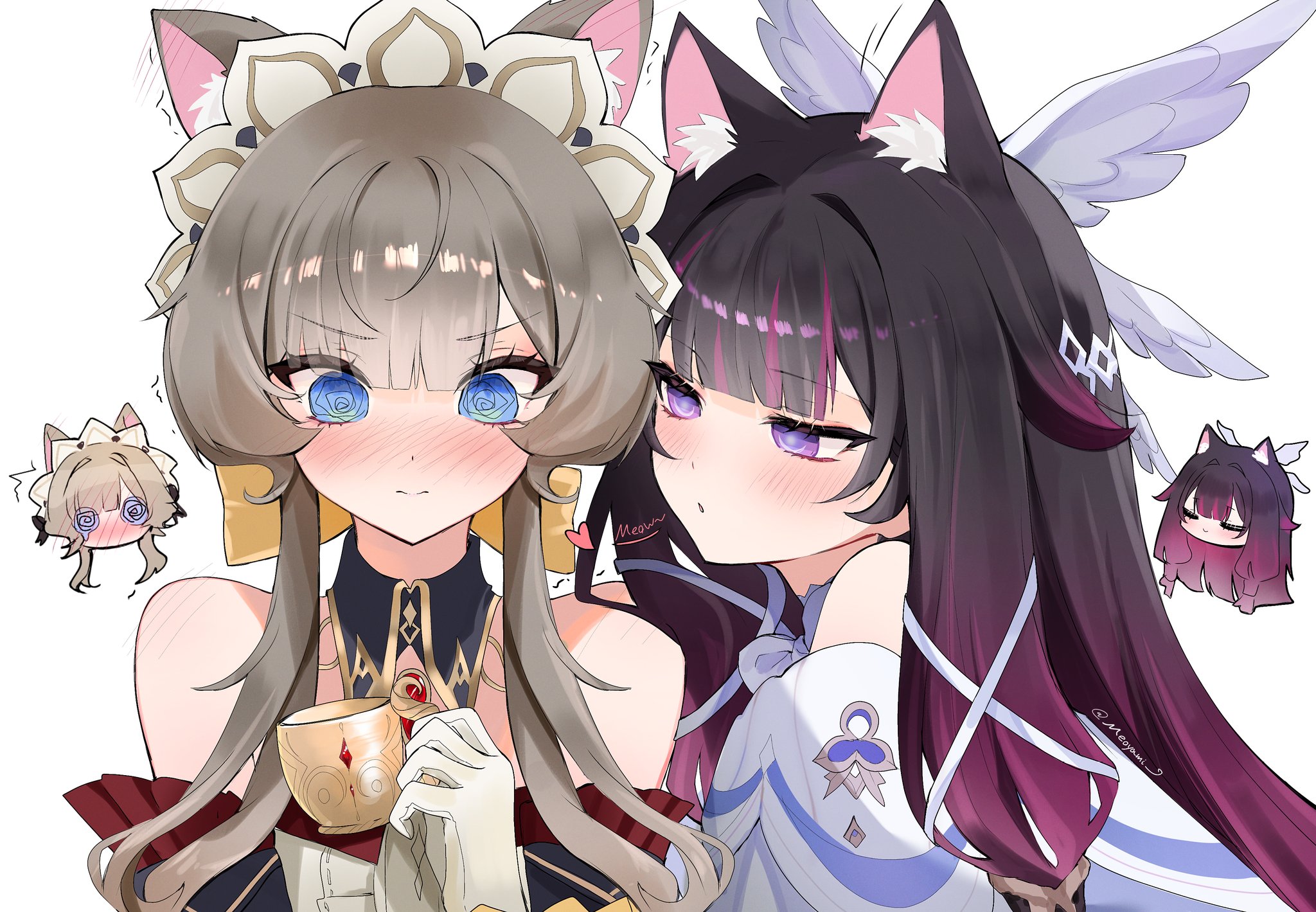 columbina (genshin impact), sandrone (genshin impact), genshin impact, hashtag-only commentary, highres, 2girls, @ @, animal ear fluff, animal ears, bare shoulders, black collar, black hair, blue eyes, blunt bangs, blush, brown hair, cat ears, chibi, chibi inset, closed mouth, collar, cup, detached collar, detached sleeves, dress, frilled sleeves, frills, gloves, hair ribbon, head wings, headdress, heart, holding, holding cup, long hair, looking at another, meowing, meoyami, multicolored hair, multiple girls, pink hair, purple eyes, ribbon, simple background, twitter username, two-tone hair, upper body, white background, white dress, white gloves, white ribbon, white wings, wings, yuri
