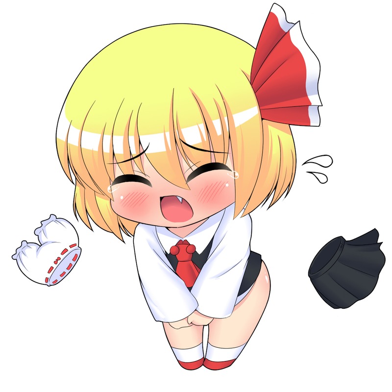 kyokutou hentai samurai, rumia, embodiment of scarlet devil, touhou, bad id, bad pixiv id, 1girl, blonde hair, bloomers, blush, bottomless, bow, chibi, closed eyes, embarrassed, fang, female focus, full body, hair bow, simple background, skirt, solo, standing, tears, underwear, white background