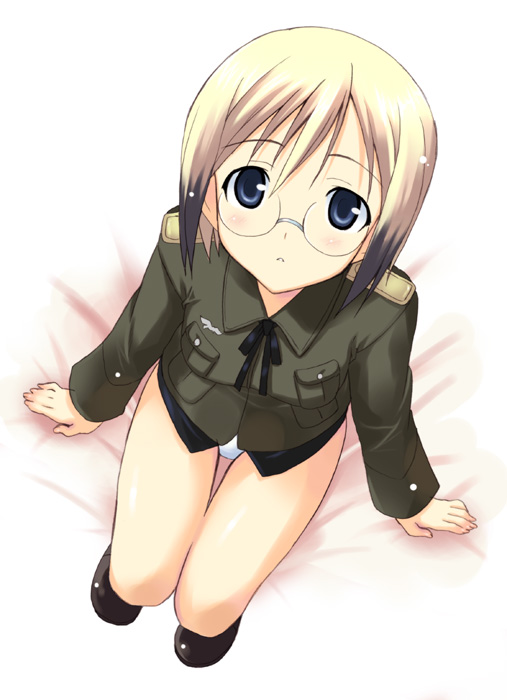 kyogoku shin, ursula hartmann, strike witches, strike witches: suomus misfits squadron, world witches series, 00s, 1girl, blonde hair, blue eyes, female focus, glasses, panties, short hair, sitting, solo, underwear