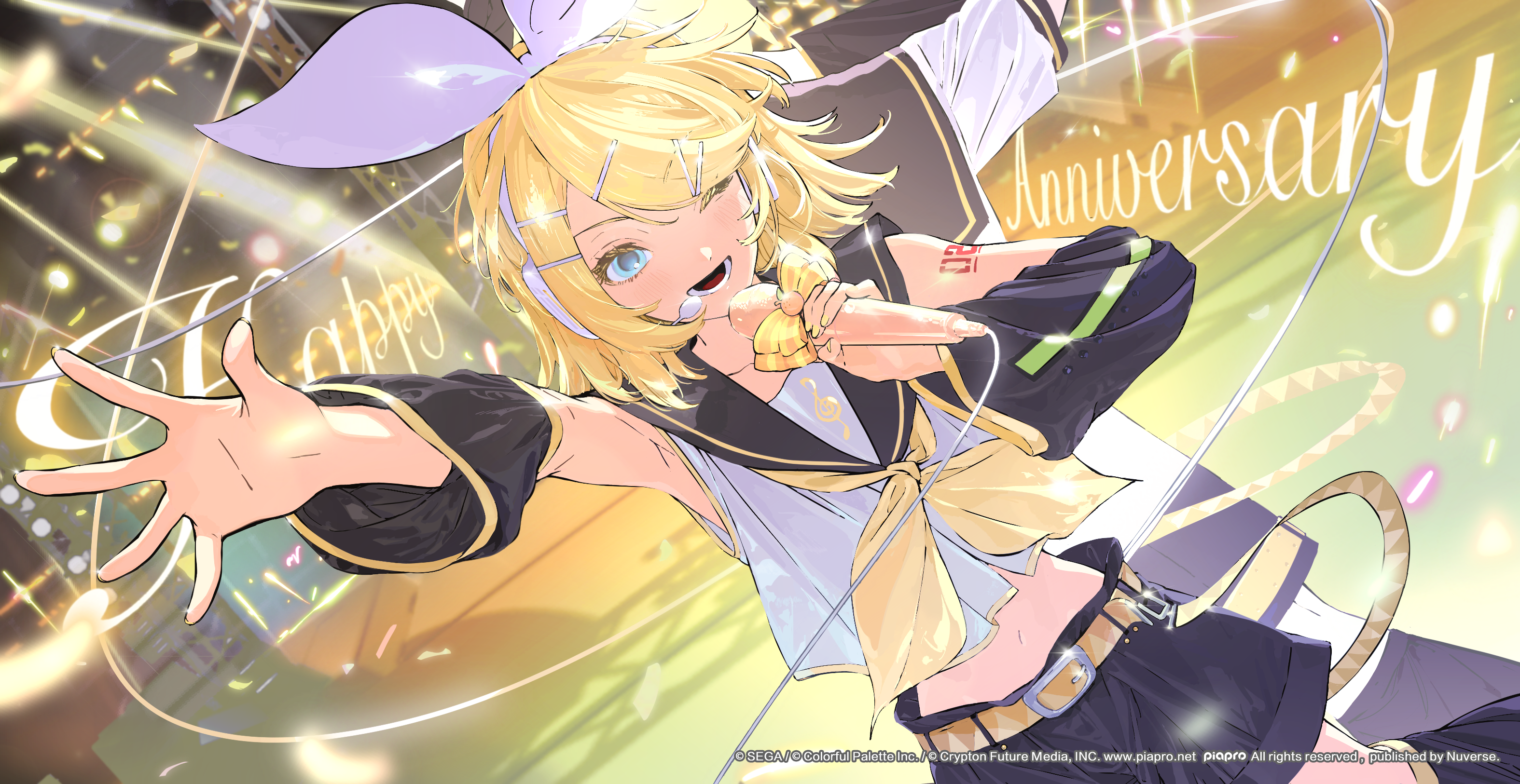 lantern madoyoi, kagamine len, kagamine rin, project sekai, vocaloid, chinese commentary, commentary request, highres, official art, second-party source, 1boy, 1girl, ;d, arm tattoo, belt, black sailor collar, black shorts, blonde hair, blue eyes, bow, collarbone, company name, copyright notice, detached sleeves, guest art, hair ornament, hairclip, happy anniversary, headset, holding, holding microphone, long sleeves, lower teeth only, microphone, navel, neckerchief, number tattoo, one eye closed, open mouth, parallel hairclips, sailor collar, shirt, shorts, sleeveless, sleeveless shirt, smile, tattoo, teeth, tongue, treble clef, webpage, white bow, white shirt, yellow belt, yellow neckerchief