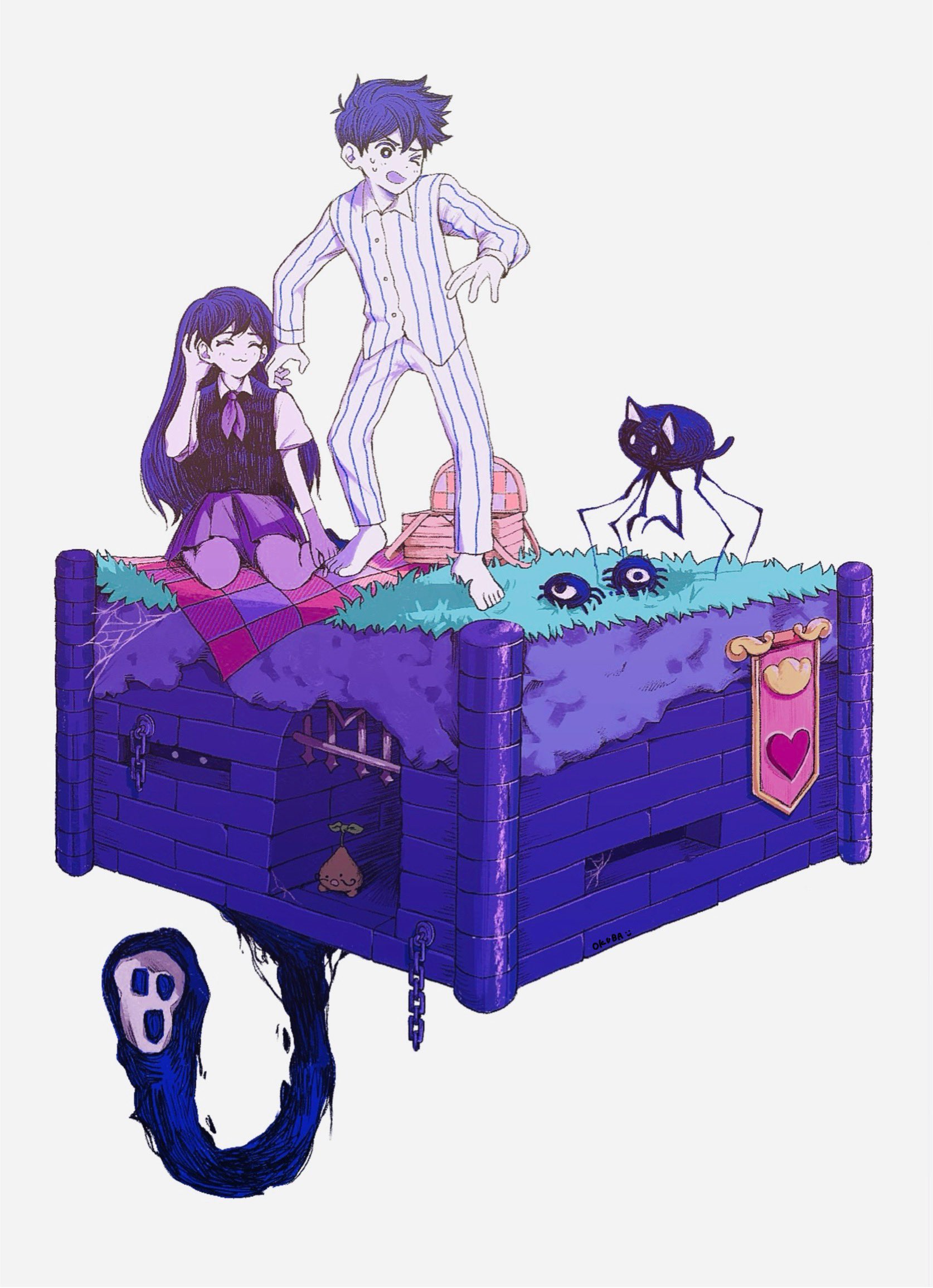 o oquo, hero (headspace) (omori), hero (omori), mari (headspace) (omori), mari (omori), sprout mole, omori, commentary request, highres, > o, 1boy, 1girl, :3, antenna hair, barefoot, black shoes, blush, bright pupils, butler mole (omori), checkered blanket, closed eyes, closed mouth, collared pajamas, collared shirt, colored skin, double-parted bangs, grass, grey background, hair between eyes, keeper of the castle (omori), long hair, long sleeves, one eye closed, pajamas, pants, picnic basket, picnic blanket, pleated skirt, purple eyes, purple hair, purple skirt, shirt, shoes, short hair, short sleeves, silk, simple background, sitting, skirt, smile, spider cat (omori), spider web, standing, striped clothes, striped pajamas, striped pants, sweat, vertical-striped clothes, vertical-striped pajamas, vertical-striped pants, wariza, white pajamas, white pants, white pupils, white shirt, white skin