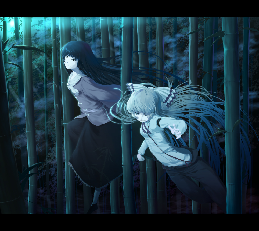 mafu, fujiwara no mokou, houraisan kaguya, touhou, silver hair, 2girls, bamboo, bamboo forest, black hair, bow, female focus, forest, hair bow, letterboxed, long hair, moonlight, multiple girls, nature, night, suspenders