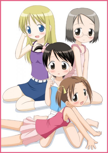 hirosue maron, ana coppola, itou chika, matsuoka miu, sakuragi matsuri, ichigo mashimaro, 4girls, bad anatomy, barefoot, belt, blonde hair, blue eyes, blush, bow, brown eyes, brown hair, casual, child, glasses, grey hair, hair bobbles, hair bow, hair ornament, hair ribbon, kneeling, multicolored hair, multiple girls, open mouth, poorly drawn, ribbon, side ponytail, sitting, skirt, smile, socks, tank top, tareme, twintails, two-tone hair, wariza