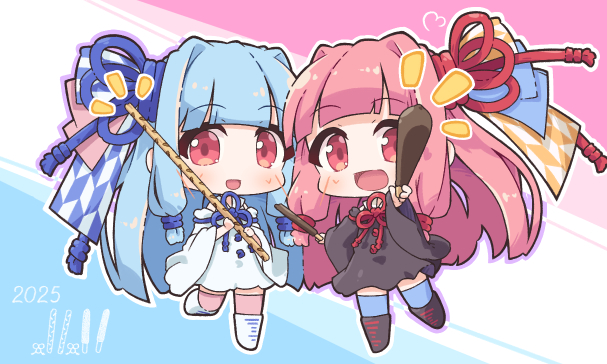 reinaru, kotonoha akane, kotonoha aoi, voiceroid, commentary request, 2girls, :d, bare shoulders, black boots, black dress, black sleeves, blue background, blue hair, blue ribbon, blue thighhighs, blunt bangs, blush, boots, chibi, chibi only, detached sleeves, dress, food, full body, hair ribbon, holding, holding food, knee boots, long hair, long sleeves, looking at viewer, multiple girls, notice lines, open mouth, outline, pink background, pink hair, pink thighhighs, pocky, pocky day, red eyes, red ribbon, ribbon, siblings, sidelocks, sisters, sleeveless, sleeveless dress, smile, standing, standing on one leg, thighhighs, white background, white boots, white dress, white outline, white sleeves, wide sleeves, zettai ryouiki