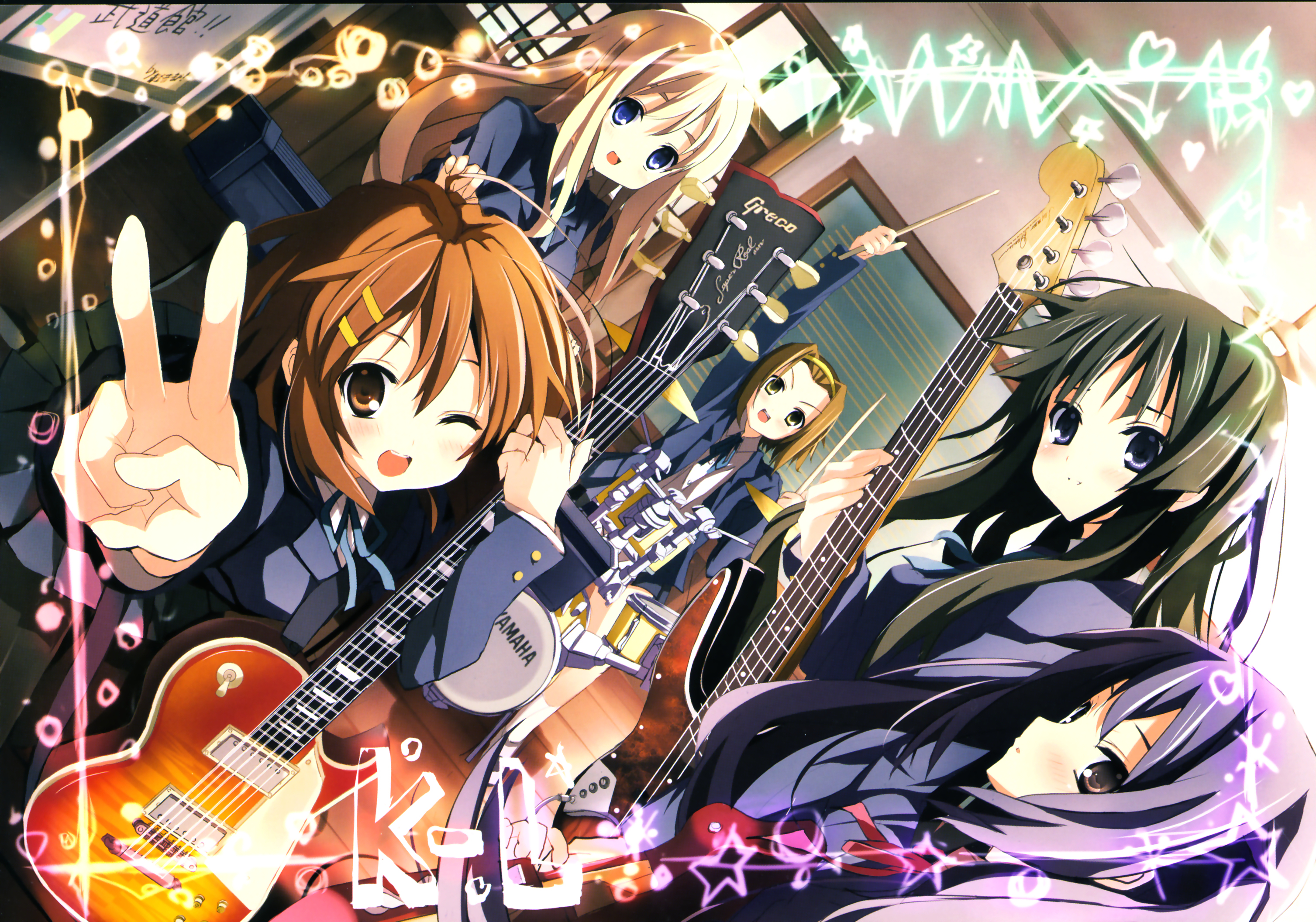 akiyama mio, hirasawa yui, kotobuki tsumugi, nakano azusa, tainaka ritsu, k-on!, highres, 00s, gibson les paul