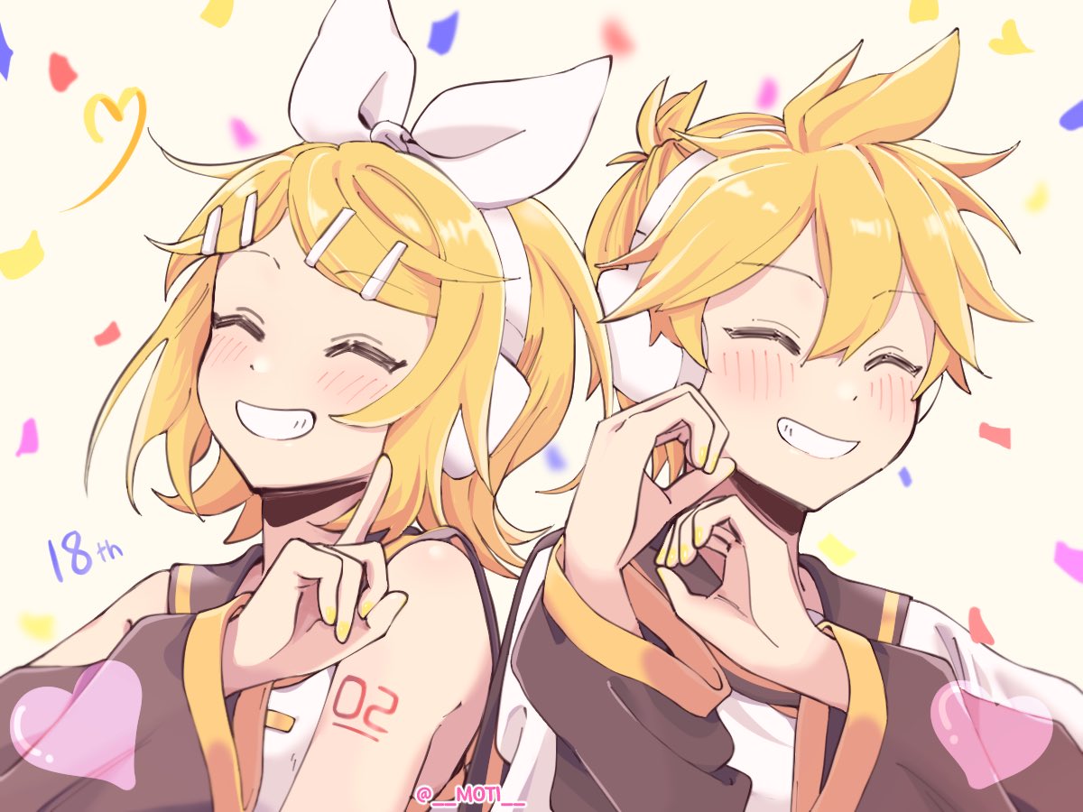 m0ti, kagamine len, kagamine rin, vocaloid, commentary request, 1boy, 1girl, :d, ^ ^, anniversary, arm tattoo, black sleeves, blonde hair, blurry, blush, bow, bow hairband, closed eyes, confetti, depth of field, detached sleeves, grin, hair between eyes, hair ornament, hairband, hairclip, heart, long sleeves, number tattoo, open mouth, parallel hairclips, shirt, smile, spiked hair, tattoo, teeth, twitter username, white bow, white hairband, white shirt