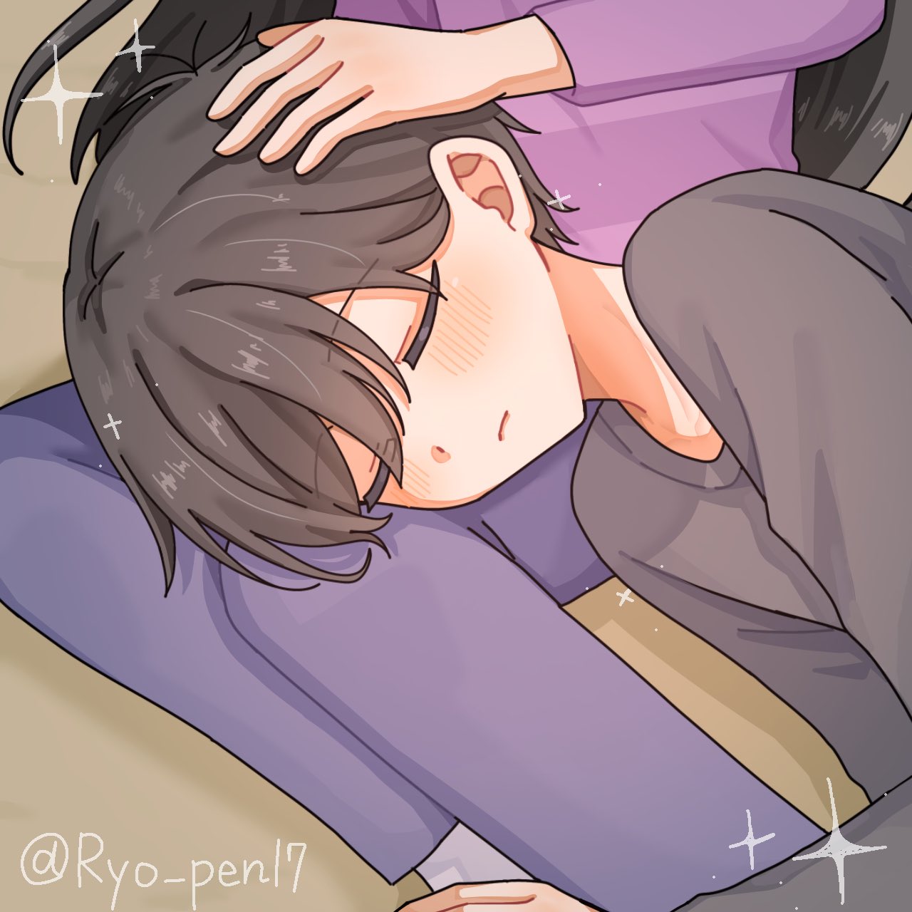 ryo pen17, mari (faraway) (omori), mari (omori), sunny (omori), omori, commentary request, highres, 1boy, 1girl, alternate costume, antenna hair, artist name, black eyes, black hair, black shirt, blue pants, blush, brother and sister, closed eyes, closed mouth, hand on another's head, headpat, long hair, long sleeves, lying, on side, pants, purple shirt, shirt, short hair, siblings, sitting, socks, twitter username, white socks