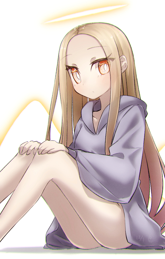 yubeshi (zecxl), v/v, angel notes, 1girl, angel wings, blonde hair, blush, breasts, forehead, grey sweater, halo, hood, hooded sweater, long hair, long sleeves, looking at viewer, parted bangs, sitting, small breasts, solo, sweater, thighs, wings, yellow eyes