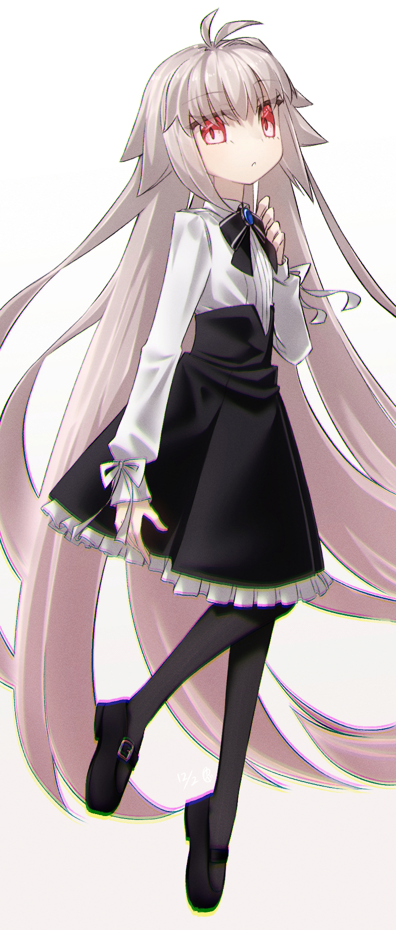 yubeshi (zecxl), arcueid brunestud, eco-arc, tsukihime, highres, 1girl, black pantyhose, black shoes, black skirt, breasts, brooch, collared shirt, full body, grey hair, jewelry, loafers, long hair, long sleeves, looking at viewer, neck ribbon, pantyhose, red eyes, ribbon, shirt, shoes, skirt, small breasts, very long hair, white shirt