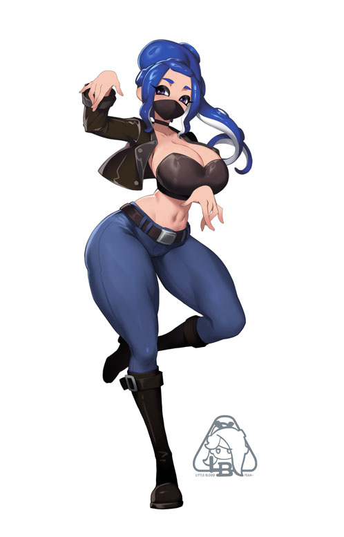 little blood, octoling girl, octoling player character, 1girl, breasts, large breasts, octoling, ponytail, simple background, solo, tentacle sex, tentacles, white background