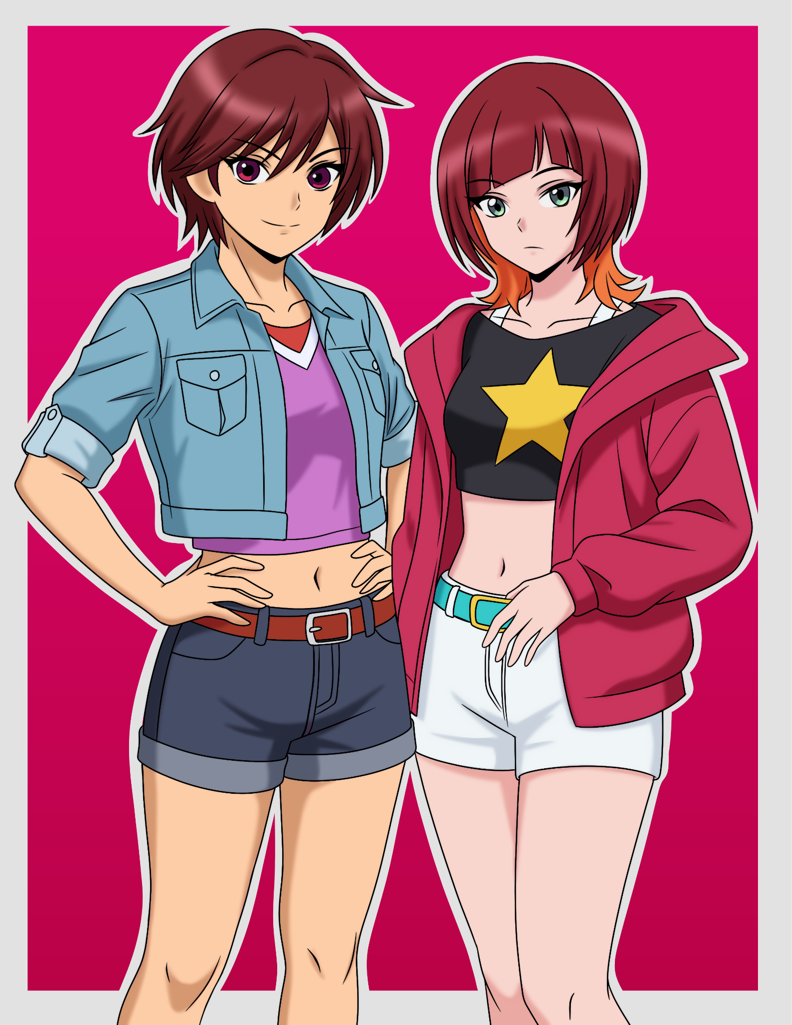 fujieda yoshino, sakuya reina, digimon, digimon beatbreak, digimon savers, commentary, english commentary, highres, 2girls, aqua belt, belt, black shirt, black shorts, breasts, closed mouth, collarbone, cowboy shot, creator connection, crop top, cropped jacket, denim, denim jacket, diagonal bangs, everything goes numb, green eyes, hair between eyes, hands on own hips, in-franchise crossover, jacket, long sleeves, looking at viewer, medium breasts, medium hair, midriff, multicolored hair, multiple girls, navel, open clothes, open jacket, orange hair, outline, pink shirt, print shirt, red belt, red eyes, red hair, red jacket, shirt, short hair, short shorts, short sleeves, shorts, sidelocks, smile, standing, star (symbol), star print, swept bangs, trait connection, two-tone hair, white shorts