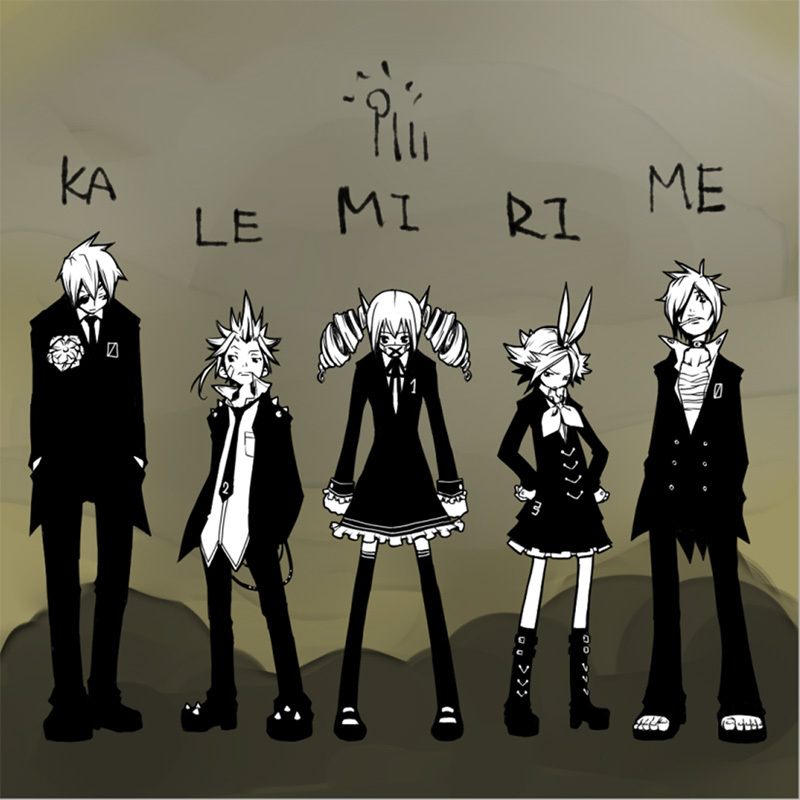 bukichin, kuro1671, hatsune miku, kagamine len, kagamine rin, kaito (vocaloid), meiko (vocaloid), himitsu keisatsu (vocaloid), vocaloid, 2boys, 3girls, boots, bow, brown background, dress, drill hair, everyone, eyepatch, flower, formal clothes, goth fashion, hair ribbon, mask, monochrome, multiple boys, multiple girls, necktie, ribbon, sarashi, short hair, suit, thighhighs, twintails