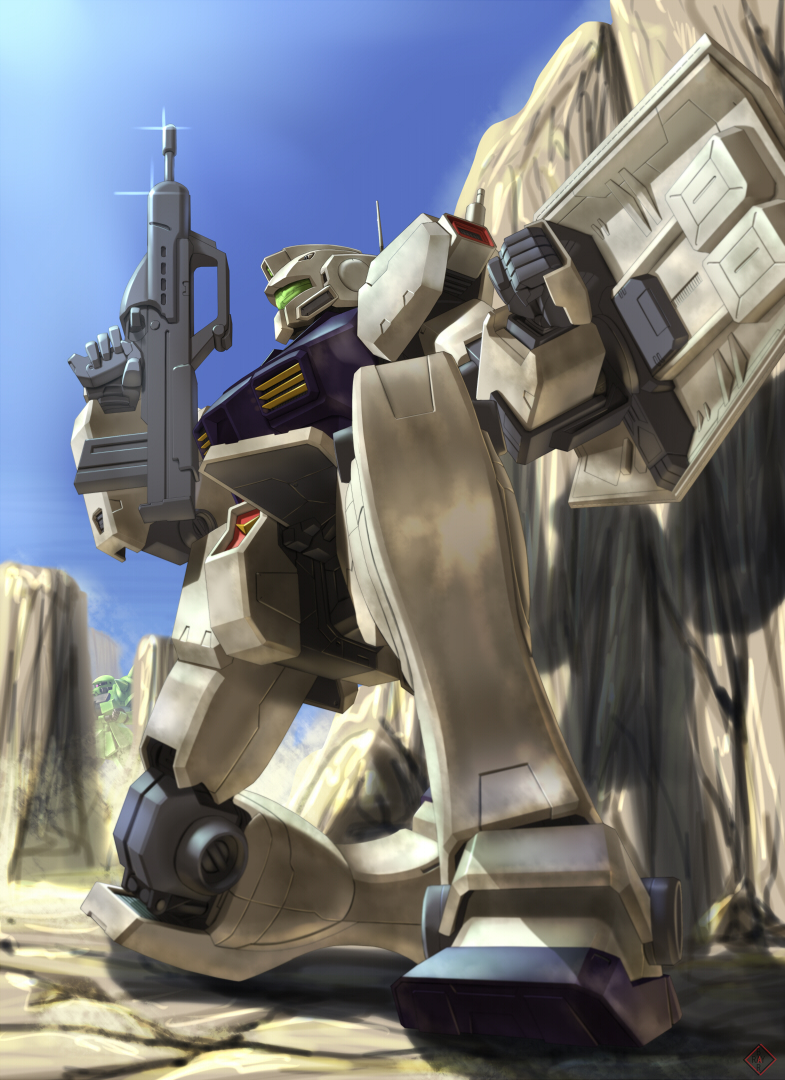 raybar, gm (mobile suit), gm kai, zaku, zaku ii, zaku ii f2, gundam, gundam 0083, 1990s (style), artist logo, ballistic shield, bullpup, caseless firearm, gun, hfw-gr mr82 90mm gm rifle, kneeling, logo, machine gun, mecha, mecha focus, retro artstyle, rifle, robot, shadow, shield, weapon