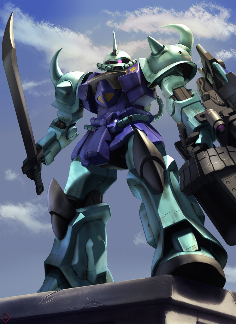 raybar, gouf, gouf custom, gundam, gundam 08th ms team, day, gatling gun, gun, heat sword, mecha, no humans, outdoors, robot, sky, solo, sword, weapon