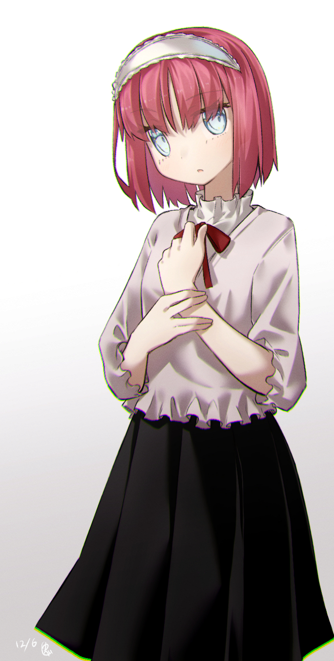 yubeshi (zecxl), hisui (tsukihime), tsukihime, tsukihime (remake), highres, 1girl, black skirt, blue eyes, breasts, hairband, long sleeves, looking at viewer, neck ribbon, red hair, ribbon, shirt, short hair, skirt, small breasts, solo, white shirt