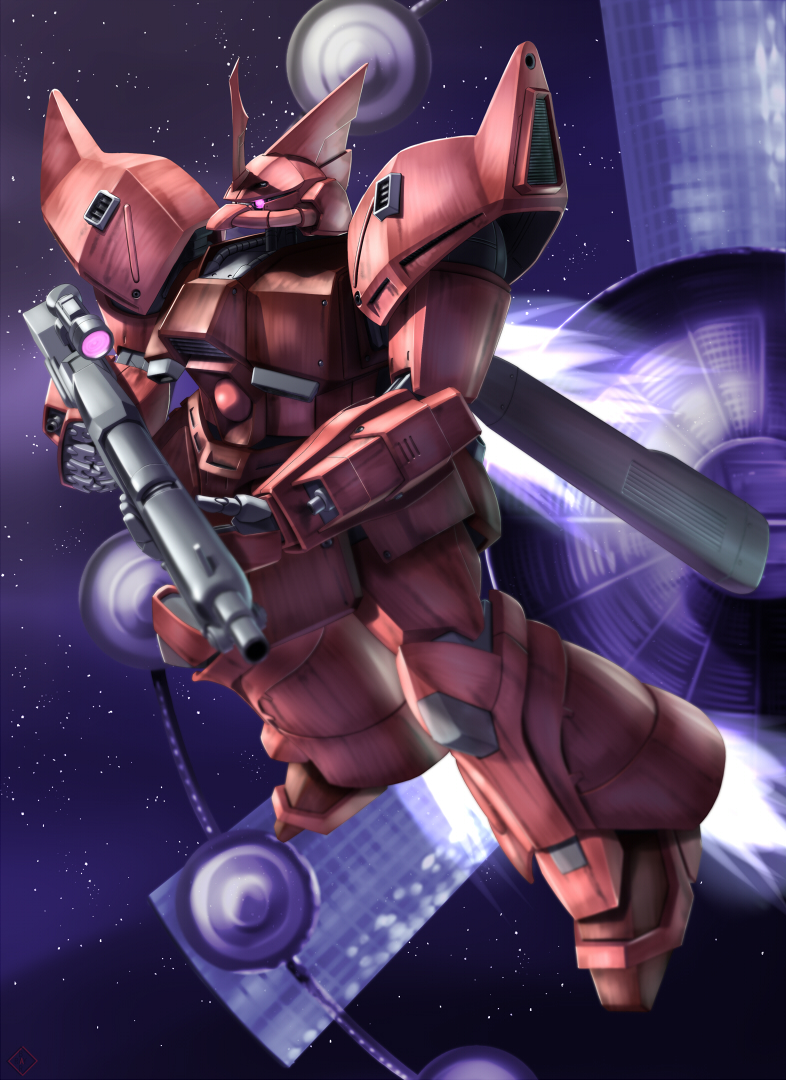 raybar, gelgoog, gelgoog jager, gundam, gundam 0080, 1980s (style), gun, machine gun, mecha, no humans, oldschool, retro artstyle, robot, solo, space, space habitat, weapon