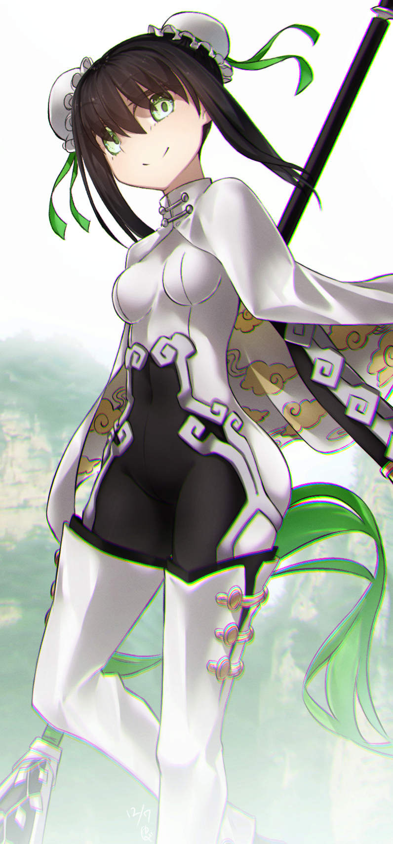 yubeshi (zecxl), qin liangyu (fate), fate/grand order, fate (series), highres, 1girl, arm guards, black bodysuit, black gloves, black hair, bodysuit, breasts, bun cover, capelet, cloud print, double bun, elbow gloves, gloves, green eyes, green ribbon, hair bun, hair ribbon, looking at viewer, medium breasts, medium hair, polearm, ribbon, sidelocks, smile, solo, spear, thighhighs, thighs, weapon, white bodysuit, white capelet, white thighhighs