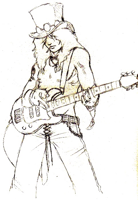 slash (musician), guns n' roses, 1boy, cigarette, fender stratocaster, guitar, hat, instrument, jewelry, long hair, male focus, monochrome, plectrum, ring, solo, tattoo, white background