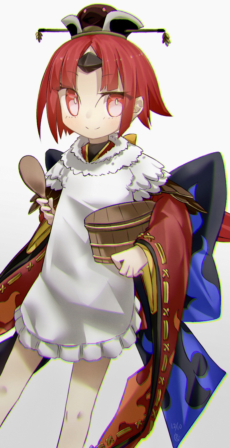 yubeshi (zecxl), beni-enma, beni-enma (first ascension), fate/grand order, fate (series), highres, 1girl, apron, bird hat, blush, breasts, brown hat, feather trim, hat, japanese clothes, kimono, long hair, long sleeves, looking at viewer, low ponytail, ohitsu, parted bangs, ponytail, red eyes, red hair, red kimono, shamoji, small breasts, smile, solo, thighs, very long hair, white apron, wide sleeves