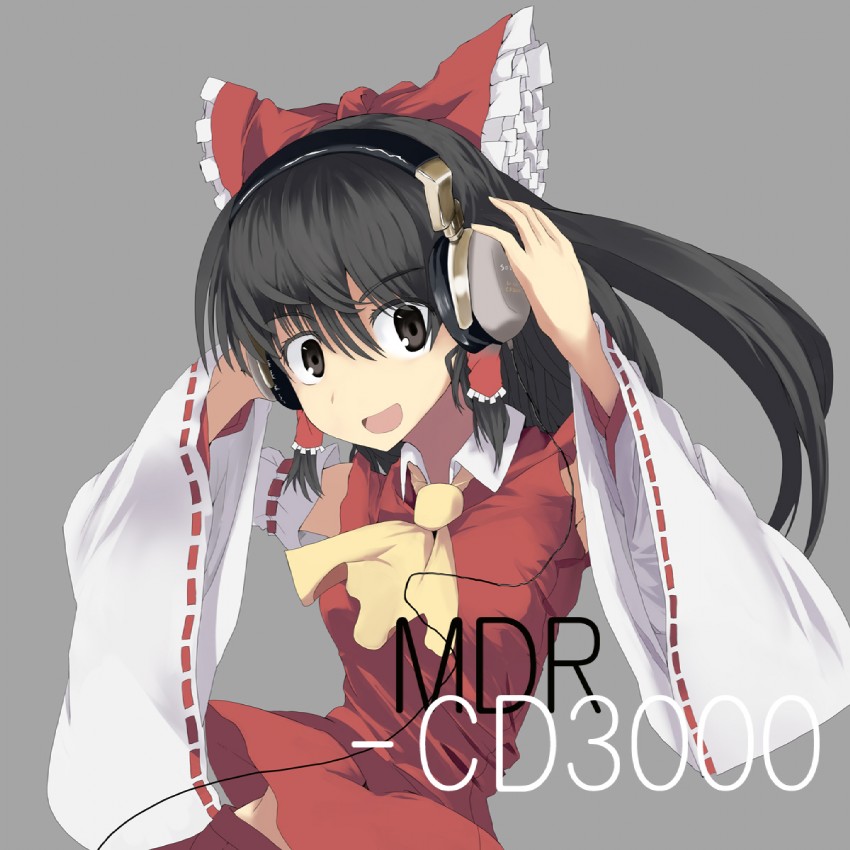 mieharu, hakurei reimu, touhou, 1girl, black eyes, black hair, female focus, hair ribbon, headphones, japanese clothes, miko, ribbon, solo