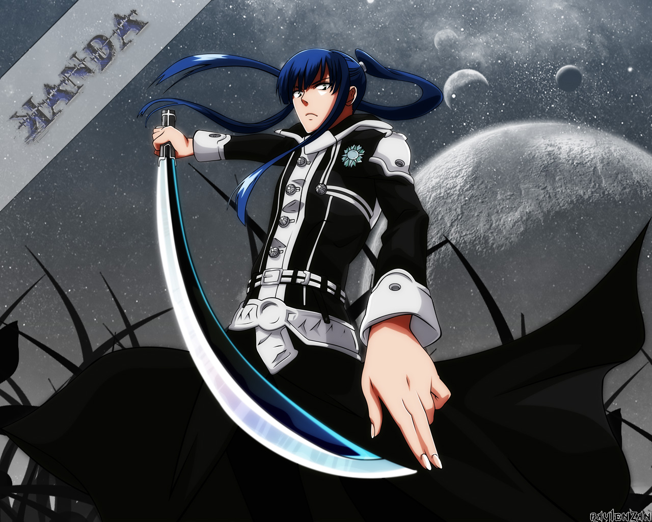kanda yuu, d.gray-man, 00s, long coat, long hair, male focus, moon, solo, sword, weapon