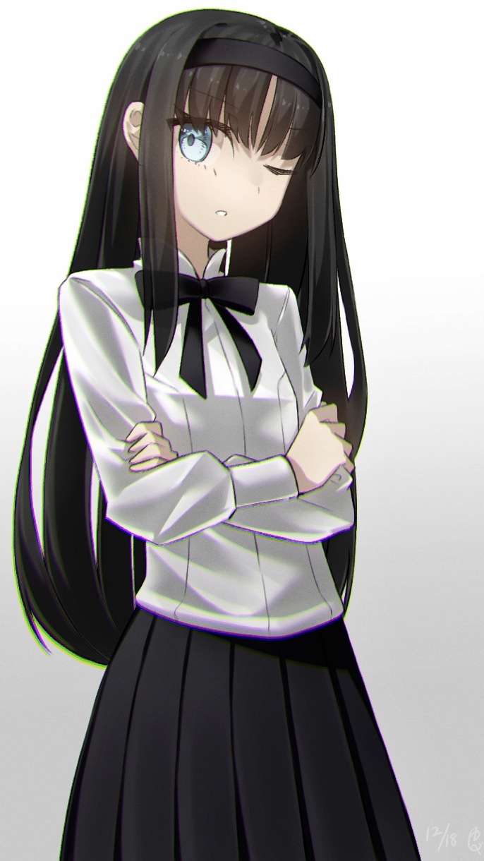 yubeshi (zecxl), tohno akiha, tsukihime, highres, 1girl, black hair, black skirt, blue eyes, breasts, crossed arms, hairband, long hair, long skirt, long sleeves, looking at viewer, neck ribbon, one eye closed, ribbon, shirt, skirt, small breasts, solo, white shirt