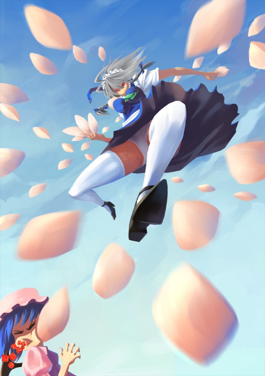 ni piao xiancai, izayoi sakuya, remilia scarlet, touhou, highres, 2girls, braid, breast padding, cloud, danmaku, day, female focus, jumping, maid, maid headdress, multiple girls, panties, power-up, sky, twin braids, underwear, upskirt