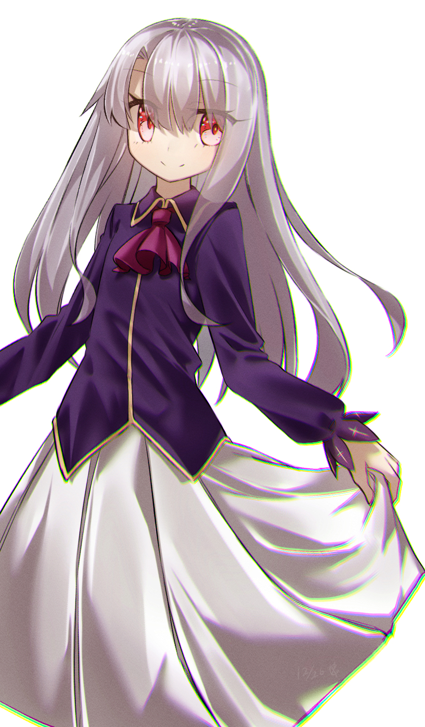 yubeshi (zecxl), illyasviel von einzbern, fate/stay night, fate (series), commentary request, highres, 1girl, ascot, breasts, collared shirt, long hair, long sleeves, looking at viewer, purple shirt, red eyes, shirt, sidelocks, skirt, small breasts, smile, solo, white hair, white skirt