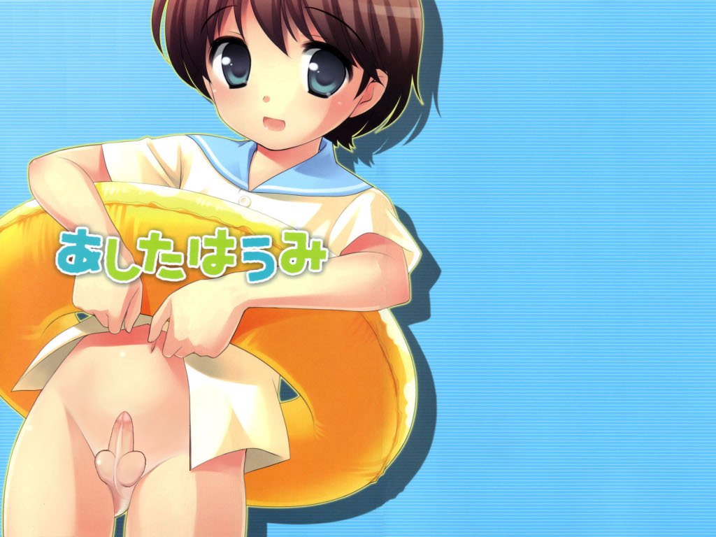 ueda yuu, wallpaper, third-party edit, 1boy, blue eyes, brown hair, innertube, male focus, penis, sailor, shota, solo, swim ring, uncensored