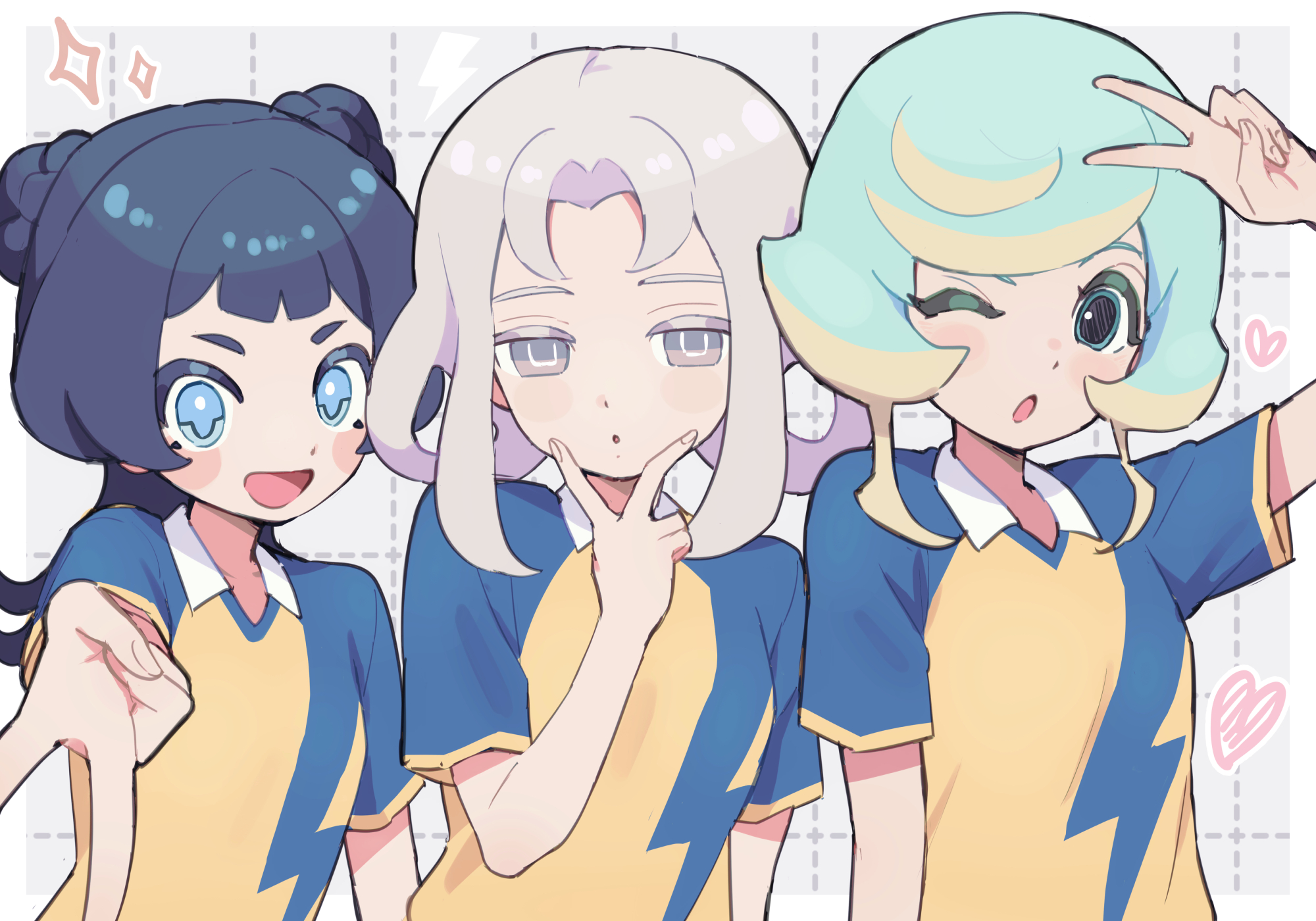 ura (hamburg oniku), akasode matsuri (inazuma eleven), hoshimura nao (inazuma eleven), inazuma eleven (series), inazuma eleven victory road, highres, 3girls, aqua eyes, aqua hair, black hair, blue eyes, blue shirt, fingernails, grey eyes, grey hair, hand up, heart, looking at viewer, multiple girls, open mouth, parted lips, raimon, raimon soccer uniform, shirt, smile, soccer uniform, sportswear, tsuyusaki tae (inazuma eleven), two-tone shirt, upper body, yellow shirt