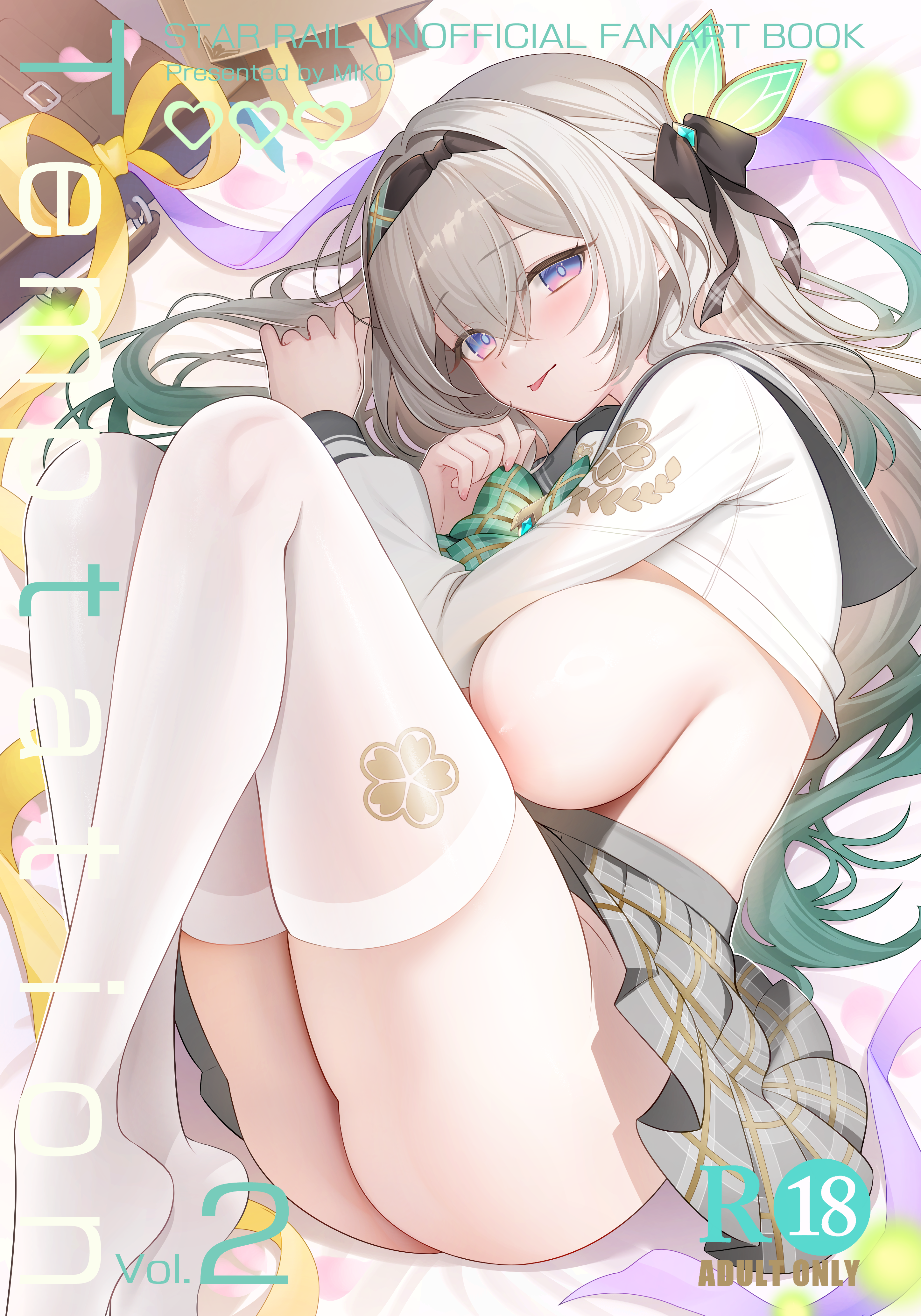 miko (royal milk), firefly (honkai: star rail), firefly (spring missive) (honkai: star rail), honkai: star rail, honkai (series), absurdres, highres, 1girl, areola slip, ass, black hairband, bow, bowtie, breasts, clothes lift, colored tips, fetal position, grey hair, grey sailor collar, grey skirt, hair spread out, hairband, large breasts, long hair, looking at viewer, multicolored hair, official alternate costume, plaid bow, plaid bowtie, plaid clothes, plaid skirt, purple eyes, sailor collar, shirt, shirt lift, skirt, solo, thighhighs, thighs, tongue, tongue out, white shirt, white thighhighs