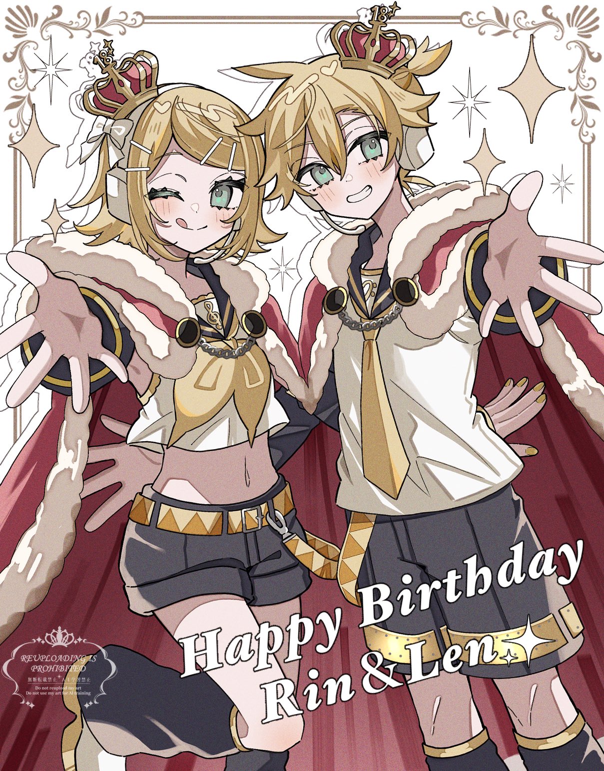 maca1227, kagamine len, kagamine rin, vocaloid, commentary request, highres, 1boy, 1girl, ;q, anniversary, bass clef, belt, black leg warmers, black shorts, blonde hair, blush, character name, collared shirt, crown, detached sleeves, green eyes, grin, hair ornament, hairclip, happy birthday, headset, leg up, leg warmers, mini crown, neckerchief, necktie, one eye closed, outstretched arm, parallel hairclips, shirt, shoes, shorts, smile, sparkle, teeth, tongue, tongue out, treble clef, watermark, white shirt, white shoes, yellow belt, yellow neckerchief, yellow necktie