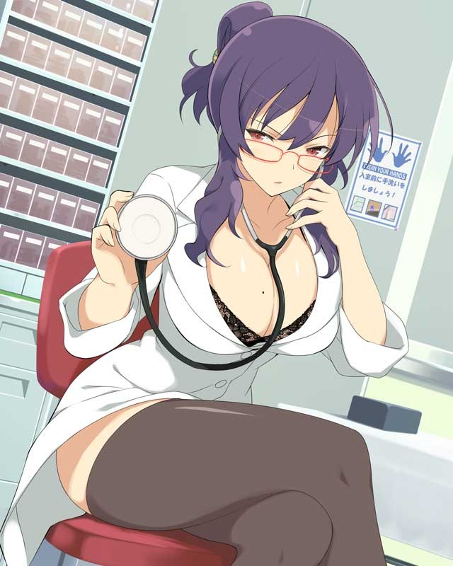 rin (senran kagura), senran kagura, senran kagura burst, official art, 1girl, black bra, black thighhighs, blush, bra, breasts, cleavage, coat, collarbone, counter, doctor, folded ponytail, glasses, hair between eyes, holding, holding stethoscope, lab coat, lace, lace-trimmed bra, lace trim, large breasts, looking at viewer, mole, mole on breast, parted lips, physical examination, poster (object), purple hair, red-framed eyewear, red eyes, shelf, shiny skin, short hair with long locks, sidelocks, solo, stethoscope, stethoscope around neck, thighhighs, underwear, white coat