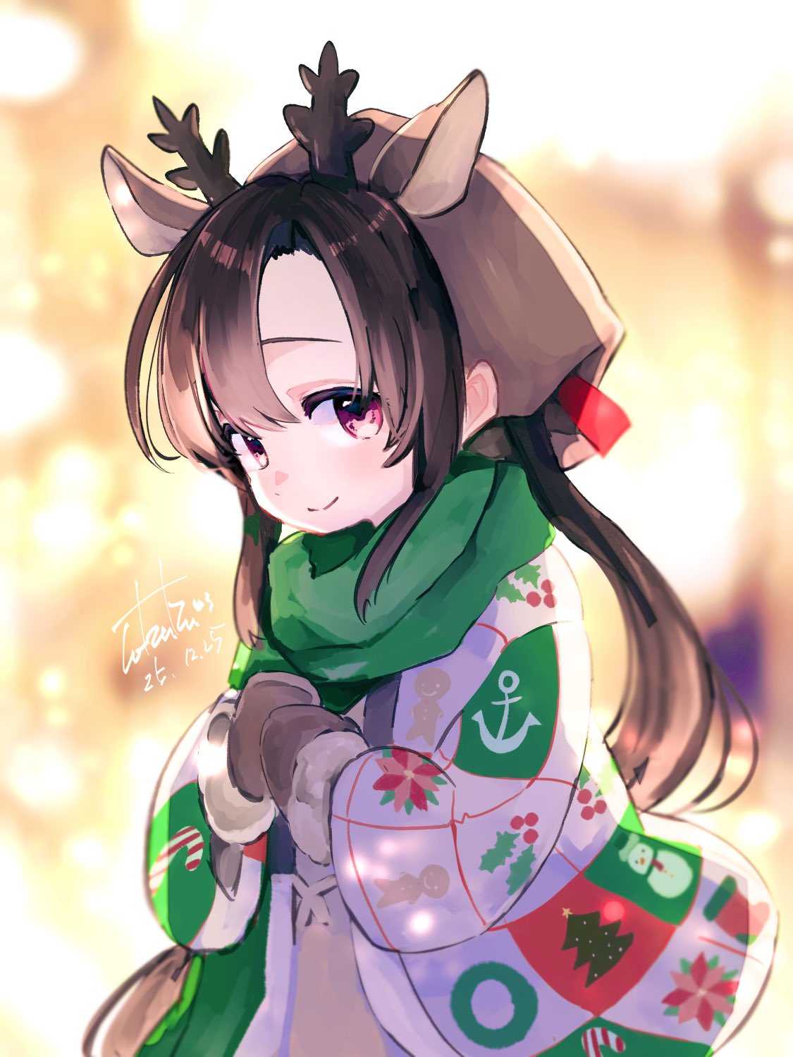 tobari (seaetana), nankai (kancolle), nosaki (kancolle), kantai collection, highres, 1girl, anchor print, bandana, black hair, brown bandana, brown mittens, christmas tree print, fake antlers, floral print, green scarf, jacket, mittens, multicolored jacket, nosaki (christmas) (kancolle), official alternate costume, red eyes, reindeer antler, scarf, side ponytail, snowman print, solo