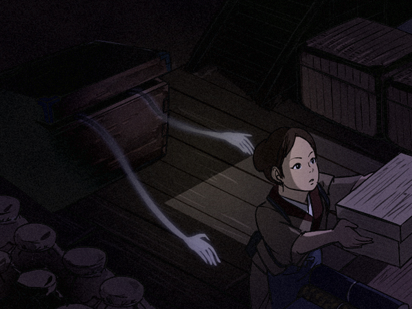 nippori honsha, original, 1girl, barrel, crate, dark, female focus, ghost, japanese clothes, jar, kimono, solo, storage room, you gonna get raped