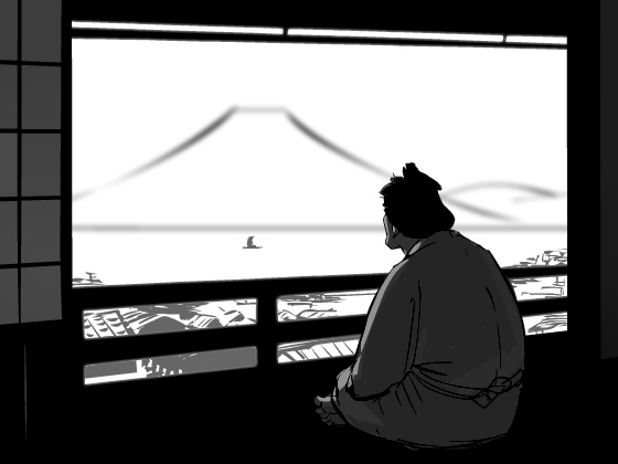 nippori honsha, 1boy, barefoot, bird, dark, epic, from behind, greyscale, japanese clothes, male focus, monochrome, mount fuji, mountain, samurai, sitting, solo