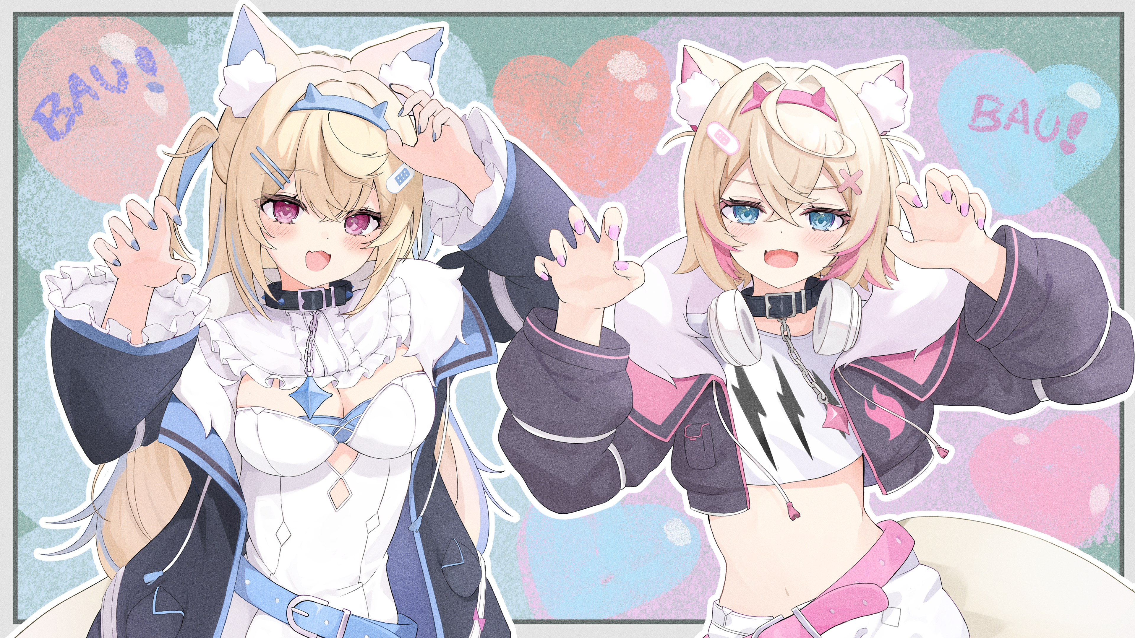 paru (parunprunpa), fuwawa abyssgard, fuwawa abyssgard (1st costume), mococo abyssgard, mococo abyssgard (1st costume), hololive, hololive english, absurdres, commentary request, highres, 2girls, animal ear fluff, animal ears, aqua belt, aqua eyes, aqua hair, aqua nails, aqua trim, bandaid, bandaid hair ornament, belt, belt collar, black jacket, blush, breasts, claw pose, cleavage, collar, dog ears, dog girl, dog tail, frilled shirt collar, frills, hair between eyes, hair ornament, jacket, long hair, long sleeves, looking at viewer, medium breasts, midriff, multiple girls, navel, open clothes, open jacket, open mouth, pink belt, pink eyes, pink hair, pink nails, pink trim, shirt, short hair, siblings, sisters, small breasts, smile, stomach, tail, twins, virtual youtuber, white shirt, x hair ornament