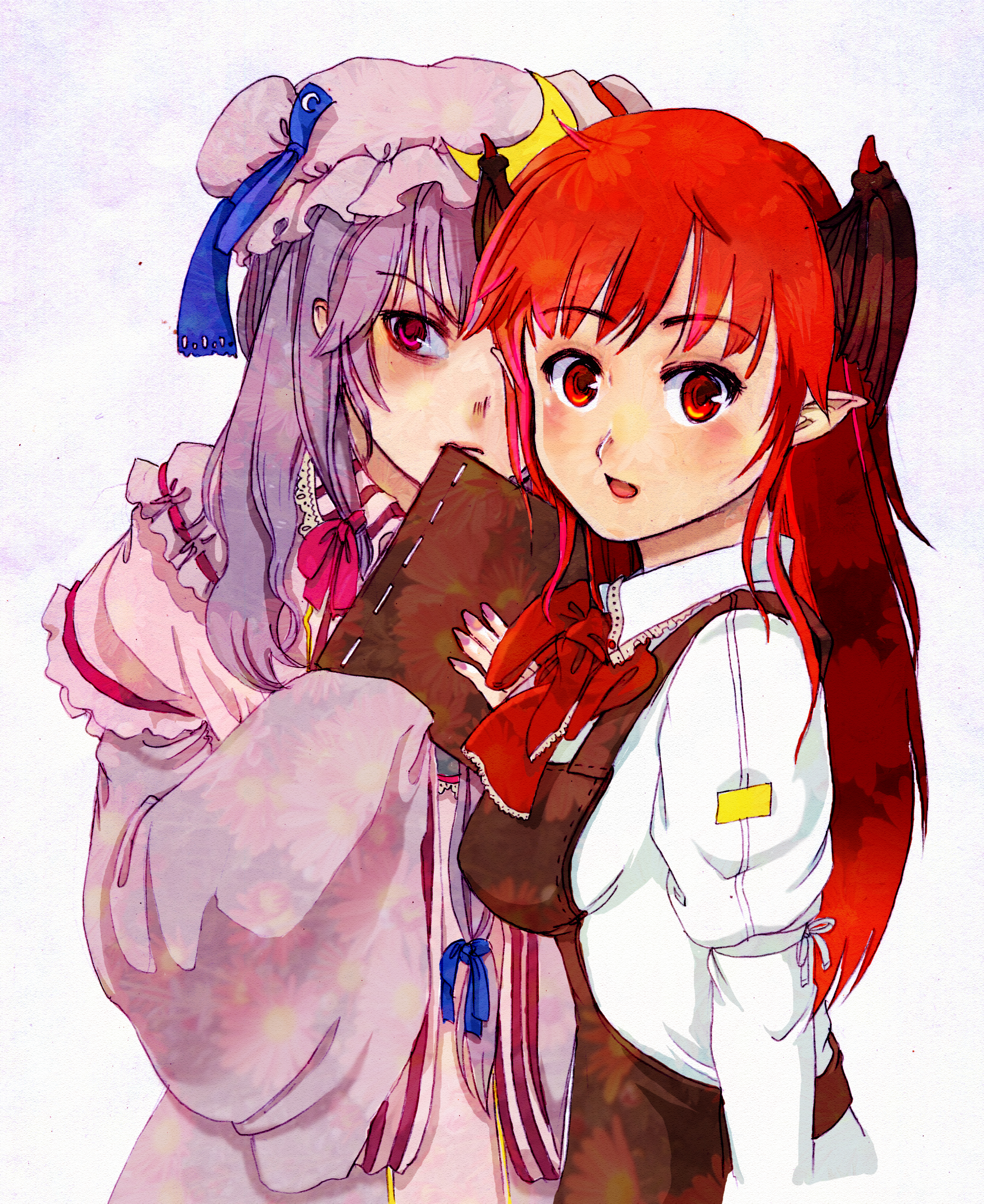 ef (pixiv), ef (ppps33), koakuma, patchouli knowledge, embodiment of scarlet devil, touhou, absurdres, highres, 2girls, book, female focus, hat, head wings, long hair, multiple girls, pointy ears, purple eyes, purple hair, red eyes, red hair, wings