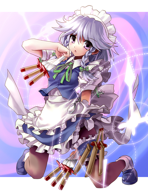 katahira masashi, izayoi sakuya, touhou, silver hair, 1girl, braid, female focus, full body, hair ribbon, knife, maid, maid headdress, pantyhose, pocket watch, purple eyes, ribbon, short hair, solo, throwing knife, twin braids, watch, weapon