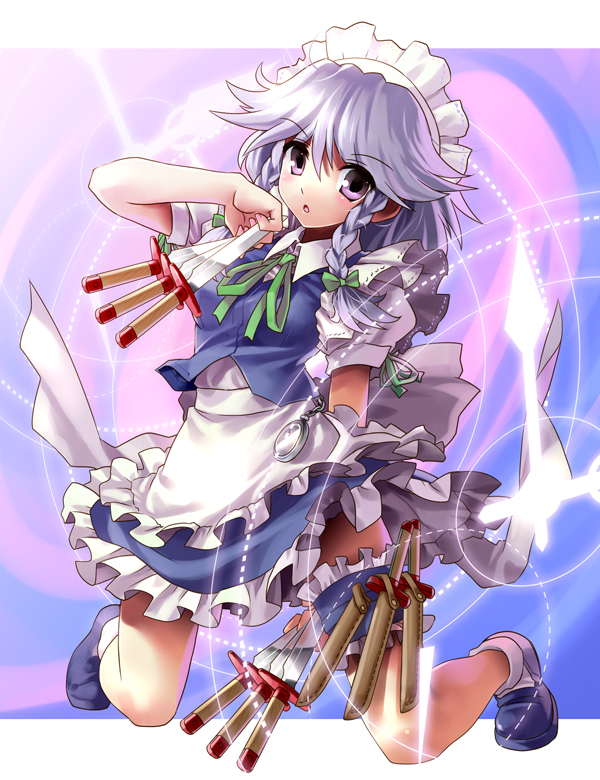 katahira masashi, izayoi sakuya, touhou, 1girl, apron, between fingers, bow, braid, female focus, full body, hair bow, holding, holster, kneeling, knife, maid, maid apron, maid headdress, solo, thigh holster, throwing knife, twin braids, weapon