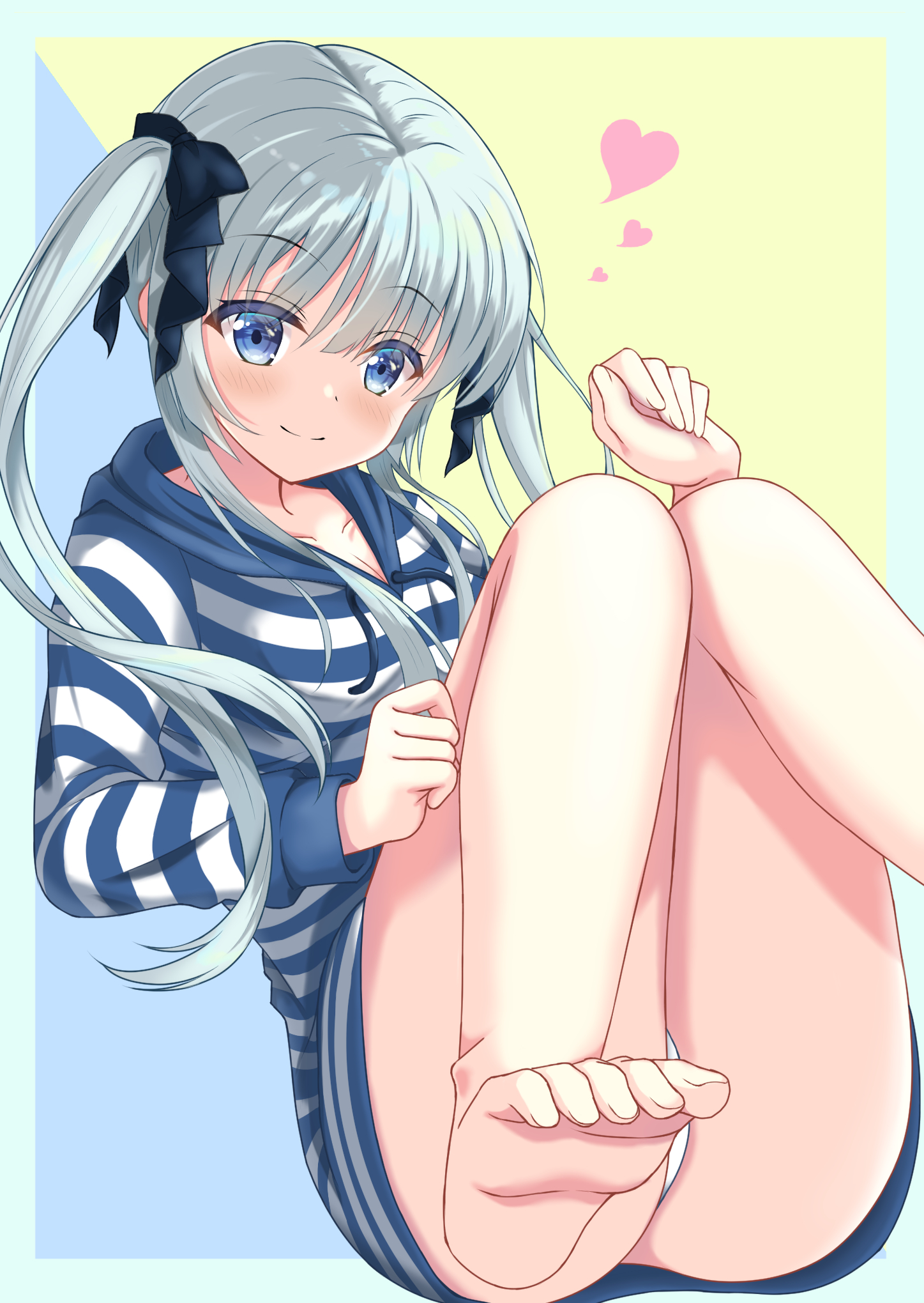 kiriyamaaoi, original, commentary request, highres, 1girl, bare legs, barefoot, black bow, blue background, blue eyes, blush, bow, clenched hands, closed mouth, eyes visible through hair, feet, floating hair, foot out of frame, grey hair, hair between eyes, hair bow, hands up, heart, hood, hood down, hoodie, knees together feet apart, knees up, legs, long hair, long sleeves, looking at viewer, outside border, oversized clothes, panties, simple background, sitting, smile, soles, solo, split mouth, striped clothes, striped hoodie, thighs, toes, twintails, two-tone background, underwear, very long hair, white panties, yellow background