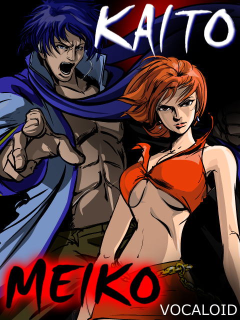 nippori honsha, kaito (vocaloid), meiko (vocaloid), vocaloid, 1boy, 1girl, blue hair, blue scarf, breasts, lipstick, makeup, manly, midriff, red hair, scarf, shouting, underboob