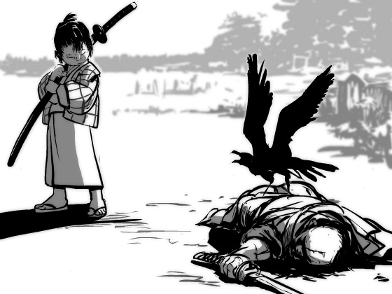 nippori honsha, original, 2boys, bird, child, corpse, crow, fundoshi, geta, greyscale, japanese clothes, katana, male focus, monochrome, multiple boys, outdoors, rural, sword, weapon
