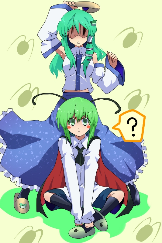 akatoro (nightlord), toro (pixiv), kochiya sanae, wriggle nightbug, touhou, 2girls, ?, antennae, crossed legs, detached sleeves, female focus, green eyes, green hair, indian style, multiple girls, simple background, sitting, slippers
